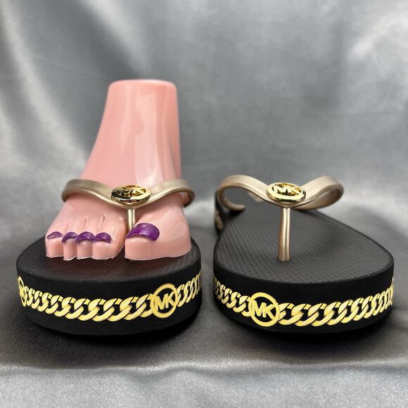 Michael Kors Women's 7 Logo Flip Flops Fashion Sandals Black/Gold RX24D MK Shoes - Picture 5 of 14